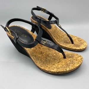 Lauren Ralph Lauren Women Size 5/5.5? Cork Wedge Thong Sandals Black Patent